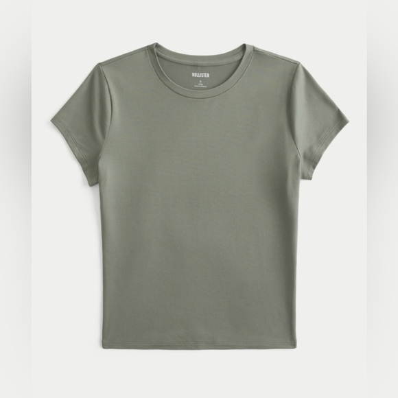 Hollister SEAMLESS FABRIC LONGLINE CREW BABY TEE DARK OLIVE, XXS Regular - Picture 3 of 5